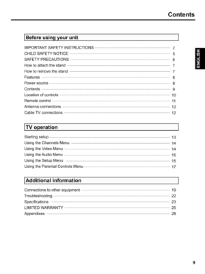 Page 9  
Contents 
IBeforeusingyourunit 
IMPORTANTSAFETYINSTRUCTIONS....................................................................................................................2 
CHILDSAFETYNOTICE..........................................................................................................................................................5...