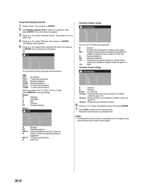 Page 18EN 18
To set the Parental Control
1Select “Locks”, then press  or ENTER.
2Use Number buttons (0-9) to enter your password, then 
press ENTER. The Locks menu will appear.
3Press  or  to select “Parental Control”, then press  or  to 
select “On” .
4Press  or  to select “Ratings”, then press  or ENTER.
The Ratings menu appears.
5Press  or  to select which rating will be used, then press  
or ENTER. Each rating below will appear.
TV
TV-YTV-Y7TV-G
TV-PG
TV-14
TV-MA
TV 
You can set the rating using...