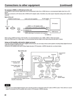 Page 20To connect a HDMI or a DVI device to the unitThe HDMI/DVI input receives digital audio and uncompressed video from a \
HDMI device or uncompressed digital video from a DVI 
device.
When you connect to a DVI device with a HDMI-to-DVI adapter cable, it tr\
ansfers only video signal. Separate analog audio cables are 
required.
HDMI - to - DVI adapter cable  
(HDMI type  A connector) (not supplied)
Audio cord (not supplied)
HDMI cable (type  A  connector) (not supplied) T
o DVI output
To HDMI out HDMI...