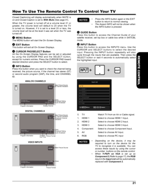 Page 2121
REMOTE CONTROL
How To Use The Remote Control To Control Your TV
Closed  Captioning  will  display  automatically  when  MUTE  is 
on and Closed Caption is set to With Mute (See page 41).
When  the  T V  power  is  turned  of f  at  a  volume  level  21  or 
greater,  the  volume  level  will  default  to  20  when  the  T V 
is  turned  on.  However,  if  it  is  set  to  a  level  20  or  less,  the 
volume level will be at the level it was set when the TV was 
turned off.
7 MENU Button
The MENU...