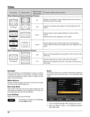 Page 3434
Video
Input SignalDisplay ScreenDisplay Aspect
RecomendedTo display suitable screen as follows:
When Watching Standard Definition Pictures:
(4:3 Signal)
4:3Displays 4:3 programs in there original aspect ratio with bars to 
the left and right of the image.
16:9Expands a 4:3 aspect ratio program to fill the widescreen 16:9 
screen
(Vista)
Zoom1
Use this aspect mode to expand letterbox movies to fill the 
screen.
Note that some of the image may not be visible.
(Cinema)
Zoom2
Use this aspect mode to fill...