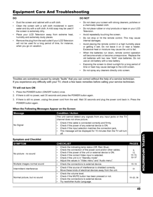 Page 4949
USEFUL INFORMATION
Equipment Care And Troubleshooting
DO
• Dust the screen and cabinet with a soft cloth.
• Clean  the  screen  with  a  soft  cloth  moistened  in  warm 
water and dry with a soft cloth. A mild soap may be used if 
the screen is extremely dirty.
• Place  your  LCD  Television  away  from  extreme  heat, 
humidity and extremely dusty places.
• Remove the plug from the wall outlet if your LCD Television 
will  not  be  used  for  a  long  period  of  time,  for  instance, 
when you go...