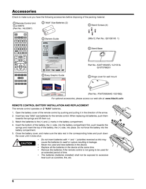 Page 66
Check to make sure you have the following accessories before disposing of the packing material.
1 Remote Control Unit 
CLU-4997S  
(Part No.: HL02567)
2 “AAA” Size Batteries (2)5 Stand Screws (4)
(M6x12, Part No.: Q01G6145  1)3 Owners Guide
Thank you for purchasing this Hitachi product. Please read these instructions carefully.
For additional assistance please call 800.HITACHI (800.448.2244) or visit our website at www.hitachi.us/tv. Keep this owners guide for future reference.Record the model name and...