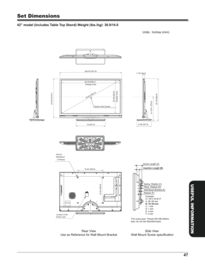 Page 4747
USEFUL INFORMATION
Set Dimensions
42” model (Includes Table Top Stand) Weight (lbs./kg): 30.9/14.0
Screw Length (A)
Insertion Length (B)
Spring  Washer (C) 
Plane  Washer (D)
Wall Mount Bracket (E)
Washer (F)
Example: 
A = B+C+D+E+F
A: 26~28 mm
B: 18~20 mm
C: 1 mm
D: 1 mm
E: 3 mm
F: 3 mm
 The screw type: Thread ISO M6 (Metric
type, do not use Standard type). 
Side View 
]	^	$
	# Rear View
Use as Reference for Wall Mount Bracket
 (	
)*	

+	
,...