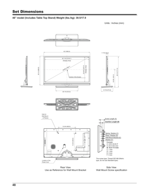 Page 4848
Set Dimensions
46” model (Includes Table Top Stand) Weight (lbs./kg): 39.5/17.9
Screw Length (A)
Insertion Length (B)
Spring  Washer (C) 
Plane  Washer (D)
Wall Mount Bracket (E)
Washer (F)
Example: 
A = B+C+D+E+F
A: 23.5~25.5 mm
B: 15.5~17.5 mm
C: 1 mm
D: 1 mm
E: 3 mm
F: 3 mm
 The screw type: Thread ISO M6 (Metric
type, do not use Standard type). 
Side View 
]	^	$
	# Rear View
Use as Reference for Wall Mount Bracket
 (	
)*	

+	
,
)	...