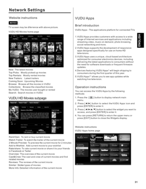 Page 31$GYDQFHG)HDWXUHV
1.VUDU Apps provides customers with access to a wide   range of Internet services and applications including 
streaming video, music on demand, photo browsing, 
social networking and more.
2.VUDU Apps supports the development of responsive  apps designed specifically for use on home HD 
televisions.
3.VUDU Apps uses a unique, cloud-based architecture  optimized for consumer electronics devices, including 
delivering the latest applications to consumers without 
the need for software...