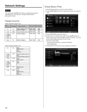 Page 34You can press   button to change the aspect 
ratio( ) while 
playing the video.[ASPECT]
Normal , Full Screen , Original Size
Playable format list
1. Press [Red] button to switch to All or Music.
2. Press [ 5/7// ] button to select the music you want to 
view.
3. Press [ENTER] to play the music.
4.All the music is listed on the left. Press [ 5/7] button to 
select the music and press [ ] button to mark it. You can 
press [Yellow/Blue] button to turn to the 
previous /next page.
 -Press [Green]...