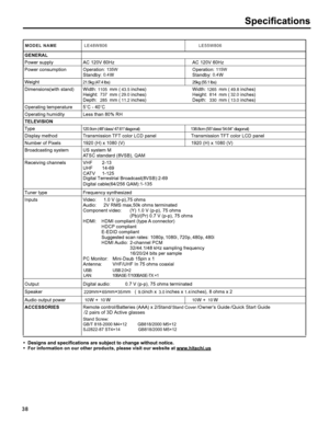Page 38120.9cm (48’’class/ 47.61’’diagonal)138.8cm (55’’class/ 54.64’’ diagonal)
21.5kg (47.4 Ibs)
0.4
135W
1105 43.5 737 29.0
285 11.2
25kg (55.1 Ibs) 0.4
115W
1265 49.8 814 32.0
330 13.0
10 10
10 10
220 65 35 9.0 3.0 1.4
USB:                       USB 2.0×2
LAN:                       10BASE-T/100BASE-TX ×1
38
MODEL NAME
LE48W806                                                                \
LE55W806
Stand Screw:
GB/T 818-2000 M4×12         GB818/2000 M5×12
SJ2822-87 ST4×14               GB818/2000 M5×12...