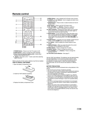 Page 1111 EN
HOW TO INSTALL BATTERIES
1. Open the battery compartment cover.
2. Install two “AAA” batteries (supplied).
3. Replace the battery compartment cover. Before using the remote control, batteries must first be installed.Use two “AAA” size batteries. The batteries may last approximately 
one year depending on how much the remote control is used. 
For best performance, it is recommended that batteries should 
be replaced on a yearly basis, or when the remote operation 
becomes erratic. Do not mix old and...