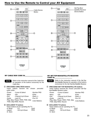 Page 2323
REMOTE CONTROL
How to Use the Remote to Control your AV Equipment
MY CABLE BOX CODE IS:_____________________
Refer to the instruction manual of the Cable Box 
for  operation  of  the  buttons  exclusively  for  the 
Cable Box.
NOTE
PRECODED SET-TOP BOX/SATELLITE buttons
These  buttons  transmit  the  chosen  precoded Set-Top-
Box/Satellite Receiver codes :
-Power-Cursor & Select -Number PAD
-Menu -Info -Enter
-Exit -Channel Up & Down -Dash (-)
-Guide -Last CH -Fav CH
-
EXCLUSIVE TV buttons
These...