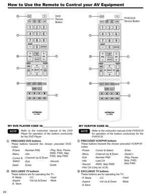 Page 2424
How to Use the Remote to Control your AV Equipment
MY DVD PLAYER CODE IS:_____________________
Refer  to  the  instruction  manual  of  the  DVD 
Player  for  operation  of  the  buttons  exclusively 
for the DVD Player.
NOTE
MY VCR/PVR CODE IS:______________________
Refer to the instruction manual of the PVR/VCR 
for  operation  of  the  buttons  exclusively  for  the 
PVR/VCR.
PRECODED DVD buttons
These  buttons  transmit  the  chosen  precoded  DVD 
codes :
-Power-Number PAD -Play, Stop, Pause,...