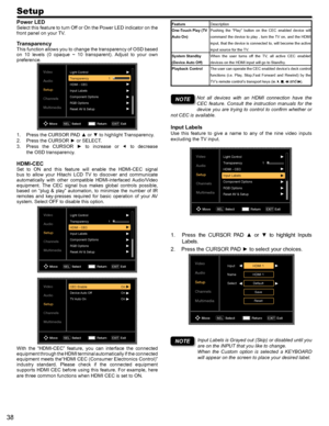 Page 3838
Setup
Power LEDSelect this feature to turn Off or On the Power LED indicator on the front panel on your TV.
TransparencyThis function allows you to change the transparency of OSD based on  10  levels  (0  opaque  ~  10  transparent).  Adjust  to  your  own preference.
Video
Audio
Setup
Channels
MultimediaLight Control1
Transparency
HDMI - CEC
Input Labels
Component Options
RGB Options
Reset AV & Setup
Move Select
SELReturn Exit
EXIT
1. Press the CURSOR PAD ▲ or ▼ to highlight Transparency.
2. Press...