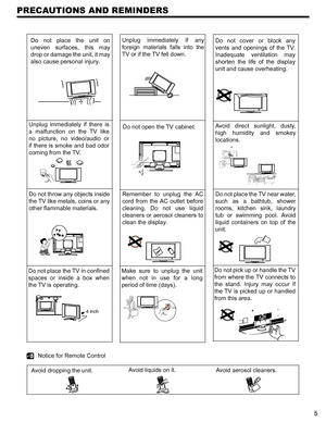 Page 55
PRECAUTIONS AND REMINDERS
.
 
12
3
456
7 8901
234567
89
0123
4567 8
9
0
4 inch
Do  not  place  the  unit  on 
uneven  surfaces,  this  may 
drop or damage the unit, it may 
also cause personal injury.
Unplug  immediately  if  any 
foreign  materials  falls  into  the 
TV or if the TV fell down.
Do  not  cover  or  block  any 
vents  and  openings  of  the  TV. 
Inadequate  ventilation  may 
shorten  the  life  of  the  display 
unit and cause overheating.
Unplug  immediately  if  there  is 
a...