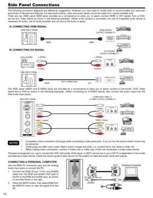 Page 1414
The  SIDE  panel  VIDEO  and  S-VIDEO  jacks  are  provided  as  a  convenience  to  allow  you  to  easily  connect  a  Camcorder,  DVD,  Video 
Game  and  a  VCR  as  shown  in  the  following  examples.  (When  connecting  an  S-VIDEO  device,  also  connect  the  audio  output  into  the  
Side Audio Input jacks).
Completely insert connection cord plugs when connecting to side panel jacks. If you do not, the picture and/or sound may • 
be abnormal.
Cable plugs are often color-coded. Match colors...