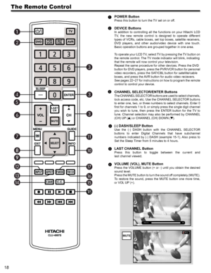 Page 1818
The Remote Control
POWER Button
Press this button to turn the TV set on or off.
DEVICE Buttons
In  addition  to  controlling  all  the  functions  on  your  Hitachi  LCD 
TV,  the  new  remote  control  is  designed  to  operate  different 
types of VCRs, cable boxes, set top boxes, satellite receivers, 
DVD  players,  and  other  audio/video  device  with  one  touch. 
Basic operation buttons are grouped together in one area.
To operate your LCD TV, select TV by pressing the TV button on 
the remote...