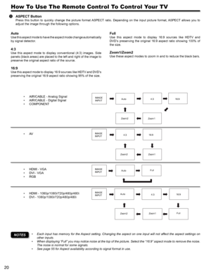 Page 2020
How To Use The Remote Control To Control Your TV
Auto
Use this aspect mode to have the aspect mode change automatically 
by signal detector. 
4:3 
Use  this  aspect  mode  to  display  conventional  (4:3)  images.  Side 
panels (black areas) are placed to the left and right of the image to 
preserve the original aspect ratio of the source. 
16:9 
Use this aspect mode to display 16:9 sources like HDTV and DVD’s 
preserving the original 16:9 aspect ratio showing 95% of the size.
Full
Use  this  aspect...