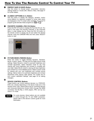 Page 2121
REMOTE CONTROL
ENERGY SAVE (E.SAVE) Button
Use  this  button  to  choose  power  consumption  reduction 
settings based on 3 levels (Min, Medium, Max). See page 37 
for further details.
CLOSED CAPTIONS (C.C.) Button
Use  this  button  to  display  the  dialogue,  narration,  and/or 
sound  effects  of  a  television  program  or  home  video  which 
are displayed on the TV screen when available. Your local TV 
program guide denotes these programs as   or .
FAVORITE CHANNEL (FAV CH) Button
Press the...