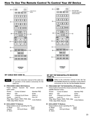 Page 2323
REMOTE CONTROL
How To Use The Remote Control To Control Your AV Device
MY CABLE BOX CODE IS:_____________________
Refer to the instruction manual of the cable box 
for  operation  of  the  buttons  exclusively  for  the 
cable box.
NOTE
PRECODED SET TOP BOX/SATELLITE Buttons
These buttons transmit the chosen precoded Set Top Box/
Satellite Receiver codes :
-Power-Cursor & Select -Number PAD
-Menu -Info -Enter
-Exit -Channel Up & Down -Dash (-)
-Guide -Last CH -Fav CH
-  Play, Stop, Pause, RWD, FWD,...