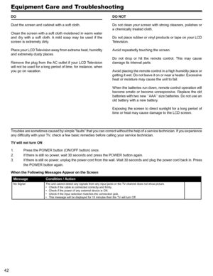 Page 4242
Equipment Care and Troubleshooting
DO
Dust the screen and cabinet with a soft cloth.
Clean the screen with a soft cloth moistened in warm water 
and  dry  with  a  soft  cloth.  A  mild  soap  may  be  used  if  the 
screen is extremely dirty.
Place your LCD Television away from extreme heat, humidity 
and extremely dusty places.
Remove the plug from the AC outlet if your LCD Television 
will not be used for a long period of time, for instance, when 
you go on vacation.
DO NOT
Do not clean your screen...