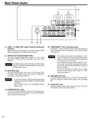 Page 1010
Rear Panel Jacks
HDMI  1  &  HDMI  2/DVI  (High  Definition  Multimedia 
Interface)
HDMI input for your AV device such as set top boxes or DVD 
players equipped with an HDMI output connection.
DIGITAL OUT (Optical Digital Audio)
This  jack  provides  Digital  Audio  Output  for  your  audio 
device  that  is  RAW  and  PCM  compatible,  such  as  an  audio 
amplifier.
The  Digital  Output  option  will  grayout  with  all  input 
sources, except with a digital program channel on the 
Air/Cable input...