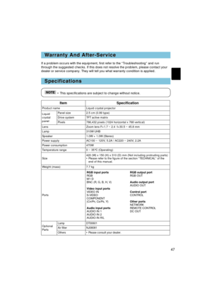 Page 4747
If a problem occurs with the equipment, first refer to the “Troubleshooting” and run
through the suggested checks. If this does not resolve the problem, please contact your
dealer or service company. They will tell you what warranty condition is applied.
W W
arranty And After-Service arranty And After-Service
Specifications Specifications
• This specifications are subject to change without notice.NOTE
ItemSpecification
Product nameLiquid crystal projector
Liquid
crystal
panelPanel size2.5 cm (0.99...