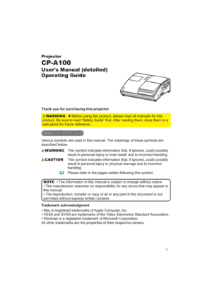 Page 11
Projector
CP-A100
User's Manual (detailed) 
Operating Guide
Thank you for purchasing this projector.

SURGXFW%HVXUHWRUHDG