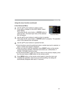 Page 2525
Operating
Using the menu function (continued)
”VHOHFWHGRU
ZKHQDFHUWDLQLQSXWVLJQDOLVGLVSOD\HG
”:KHQ\RXZDQWWRUHVHWWKHRSHUDWLRQSUHVVRESETEXWWRQRQWKHUHPRWH
(+
3+$6(92/80(FDQQRWEHUHVHW
”,QWKHLVSOD\SUHVV
WKH{FXUVRUEXWWRQRUESCEXWWRQRQWKHUHPRWHFRQWURO
3UHVV0(18
DORJZLOO
DXWRPDWLFDOO\GLVDSSHDUDIWHUDERXWVHFRQGV
8VHWKHxzFXUVRUEXWWRQVWRVHOHFWDPHQX
,I\RXZDQWWRFKDQJHLWWRWKH($6