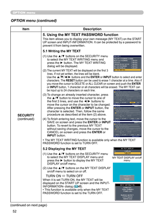 Page 52
5

ItemDescription
SECURITY(continued)
5. Using the MY TEXT PASSWORD function
This item allows you to display your own message (MY TEXT) on the START UP screen and INPUT-INFORMATION. It can be protected by a password to prevent it from being overwritten.
5.1 Writing the MY TEXT
(1)  Use the ▲/▼ buttons on the SECURITY menu to select the MY TEXT WRITING menu and press the ► button. The MY TEXT WRITING dialog will be displayed.
(2)  The current MY TEXT will be displayed on the first 3 lines. If not...