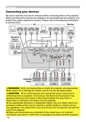 Page 10
0

Setting up
Connecting your devices
Be sure to read the manuals for devices before connecting them to the projector. 
Make sure that all the devices are suitable to be connected with this product, and 
prepare the cables required to connect. Please refer to the following illustrations 
to connect them.
►Do not disassemble or modify the projector and accessories.
►Be careful not to damage the cables, and do not use damaged cables.
WARNING
►Turn off all devices and unplug their power cords prior to...