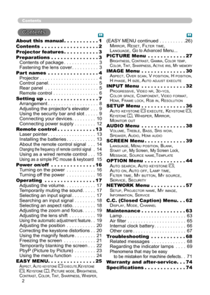 Page 22
Contents
Contents 
About this manual  . . . . . . . . . . .1
Contents   .  .  .  .  .  .  .  .  .  .  .  .  .  .  .  .  .  .2
Projector features   . . . . . . . . . . .3
Preparations   . . . . . . . . . . . . . . . 3
Contents of package  .............3
Fastening the lens cover  ..........3
Part names   .  .  .  .  .  .  .  .  .  .  .  .  .  .  .  .4
Projector  . . . . . . . . . . . . . . . . . . . . . . 4
Control panel  ................... 5
Rear panel  . . . . . . . . . . . . . . . . . . . . 5
Remote...