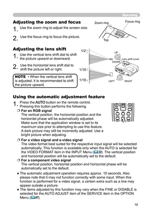 Page 1919
Operating
BLANKLASER
ASPECT
PUSH  ENTER
 PAGE UP
LASER
INDICATOR
MY SOURCE/
DOC.CAMERA
SEARCH
STANDBY/ON
VIDEORGB
PAGE DOWN
ESCMENU RESET
POSITION AUTOPbyP
MAGNIFYON
OFFMY BUTTON1
2VOLUME+
-
FREEZE KEYSTONE MUTE
• When the vertical lens shift 
is adjusted, it is recommended to shift 
the picture upward. NOTE
1.Use the zoom ring to adjust the screen size.
Adjusting the zoom and focus
2.Use the focus ring to focus the picture.
1/2
1/10
1/10
Zoom ring Focus ring
Top
1.Use the vertical lens shift dial to...