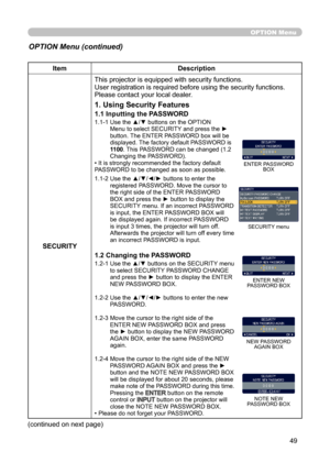 Page 4949
OPTION Menu
OPTION Menu (continued)
ItemDescription
SECURITY This projector is equipped with security functions.
User registration is required before using the security functions.
Please contact your local dealer.
1. Using Security Features
1.1 Inputting the PASSWORD
1.1-1  
Use the ▲/▼ buttons on the OPTION 
Menu to select SECURITY and press the ► 
button. The ENTER PASSWORD box will be 
displayed. The factory default PASSWORD is 
1100. This PASSWORD can be changed (1.2 
Changing the PASSWORD). 
• It...