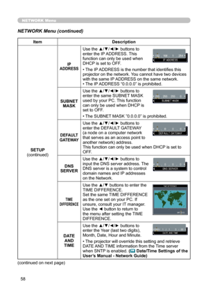 Page 5858
NETWORK Menu
NETWORK Menu (continued)
ItemDescription
SETUP
(continued)
IP 
ADDRESS
Use the ▲/▼ /◄/► buttons to 
enter the IP ADDRESS. This 
function can only be used when 
DHCP is set to OFF.
• The IP ADDRESS is the number that identifies this 
projector on the network. You cannot have two devices 
with the same IP ADDRESS on the same network.
• The IP ADDRESS “0.0.0.0” is prohibited.
SUBNET  MASK Use the ▲/▼
/◄/► buttons to 
enter the same SUBNET MASK 
used by your PC. This function 
can only be...