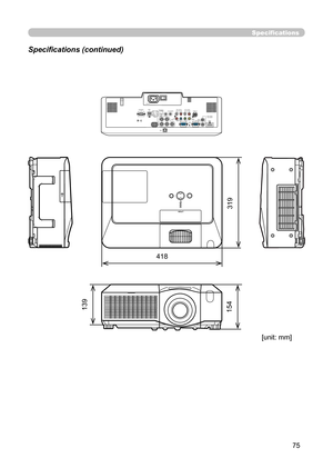 Page 7575
Specifications
Specifications (continued)
[unit: mm]
418
319
154 139
LAN
AC IN
I   O
VIDEO
CONTROL
AUDIO IN1
AUDIO IN2
AUDIO OUT
RGB
 OUTRGB1
RGB2
HDMI
 R             L      R           L
     AUDIO IN3        AUDIO IN4
CB/PBY CR/PRB/CB/PBR/CR/PRG/Y
HVUSBREMOTE 
CONTROL
   
S-VIDEO 