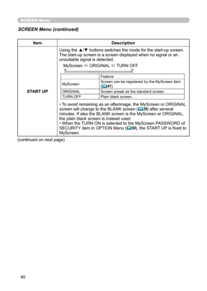 Page 40
40

SCREEN Menu

SCREEN Menu (continued)

ItemDescription
START UP Using the ▲/▼ buttons switches the mode for the start-up screen.
The start-up screen is a screen displayed when no signal or an 
unsuitable signal is detected.
MyScreen  ó ORIGINAL 
ó TURN OFF
    

Feature
MyScreen Screen can be registered by the MyScreen item 
(
41).
ORIGINAL Screen preset as the standard screen.
TURN OFF Plain black screen.
• To avoid remaining as an afterimage, the MyScreen or ORIGINAL 
screen will change to the...