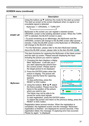 Page 37
37

Multifunctional settings
ItemDescription
START UP
Using the buttons ▲/▼ switches the mode for the start up screen.The start up screen is the screen displayed when no signal or an unsuitable signal is detected.
MyScreen ó ORIGINAL ó TURN OFF      
MyScreen is the screen you can register a desired screen.ORIGINAL screen is the existing standard screen. When the TURN OFF is selected, the BLACK screen is used.
• To avoid remaining as an afterimage, the MyScreen and the ORIGINAL screens will change to...