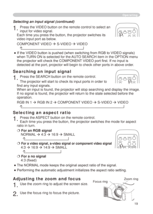 Page 19
9

Operating
Adjusting the zoom and focus
. Use the zoom ring to adjust the screen size.  
. Use the focus ring to focus the picture.
Selecting an aspect ratio 
. Press the ASPECT button on the remote control.   
Each time you press the button, the projector switches the mode for aspe\
ct 
ratio in turn. 
 For an RGB signal
NORMAL  4:3     6:9  SMALL 
  
 For a video signal, s-video signal or component video signal
4:3    6:9    4:9  SMALL 
  
 For a no signal...