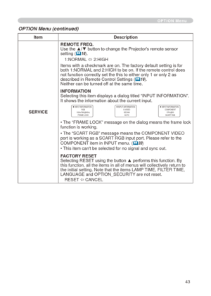 Page 43
43

ItemDescription
SERVICE
REMOTE FREQ.Use the ▲/▼ button to change the Projector's remote sensor setting (16).

:NORMAL 
ó    :HIGH
Items with a checkmark are on. The factory default setting is for 
both 
 :NORMAL and   :HIGH to be on. If the remote control does 
not function correctly set the this to either only 
  or only    as 
described in Remote Control Settings (16).Neither can be turned off at the same time.
INFORMATIONSelecting this item displays a dialog...