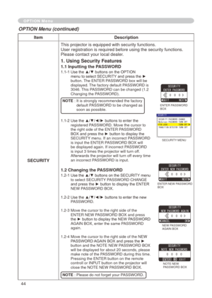 Page 44
44

ItemDescription
SECURITY
This projector is equipped with security functions.
User registration is required before using the security functions.Please contact your local dealer.
1. Using Security Features
1.1 Inputting the PASSWORD
1.1-1  Use the ▲/▼ buttons on the OPTION menu to select SECURITY and press the ► button. The ENTER PASSWORD box will be displayed. The factory default PASSWORD is 
3046. This PASSWORD can be changed (
 .   
Changing the PASSWORD). 
NOTE :   It is strongly...