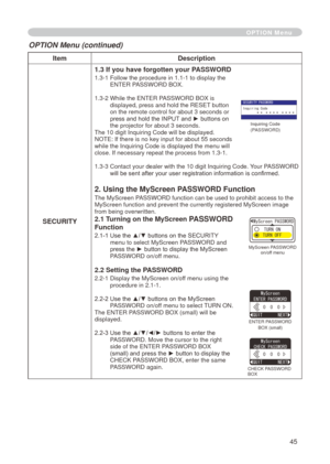 Page 45
45

ItemDescription
SECURITY
1.3 If you have forgotten your PASSWORD
.3-     Follow the procedure in   .  -   to display the ENTER PASSWORD BOX.

.3-

 
 
While the ENTER PASSWORD BOX is 
displayed, press and hold the RESET button on the remote control for about 3 seconds or press and hold the INPUT and ► buttons on the projector for about 3 seconds.
The 

0 digit Inquiring Code will be displayed. 
NOTE: If there is no key input for about 55 seconds while the...