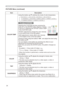 Page 28
8

ItemDescription
COLOR TEMP
Using the buttons ▲/▼ switches the mode of color temperature.
To adjust CUSTOM
Selecting the CUSTOM and then pressing the button ► or the ENTER button displays a dialog to aid you in adjusting the OFFSET and/or GAIN of the CUSTOM mode.
OFFSET adjustments change the color intensity on the whole tones of the test pattern.
GAIN adjustments mainly affect color intensity on the brighter tones of the test pattern.
Choose an item using the buttons ◄/►, and adjust the level...