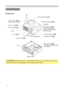 Page 4
4

Part names
Part names
Lens (17) 
Filter cover (55)(Air filter and intake vent are inside.)
Elevator button (9) 
Elevator foot (9) 
Remote sensor (16)
Zoom ring (19)
Focus ring (19)
Vent
Projector
Lamp cover (54) (Lamp unit is inside.) 
Bottom side
Speaker
Lens cover (3) 
Security bar (10)(Use for attaching a commercial anti-theft chain or wire.)
Control buttons (6)
WARNING  ►During use or immediately after use, do not touch around the 
lamp and vents of the projector. (ê) It could cause a...