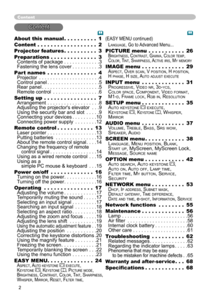 Page 2


About this manual   .  .  .  .  .  .  .  .  .  .1
Content   .  .  .  .  .  .  .  .  .  .  .  .  .  .  .  .  .  .2
Projector features    .  .  .  .  .  .  .  .  .  .3
Preparations   .  .  .  .  .  .  .  .  .  .  .  .  .  .3 Contents of package . . . . . . . . . . . . .3 Fastening the lens cover . . . . . . . . . .3
Part names   .  .  .  .  .  .  .  .  .  .  .  .  .  .  .4 Projector . . . . . . . . . . . . . . . . . . . . . .4 Control panel . . . . . . . . . . . . . . . . . . .5 Rear panel . . . ....