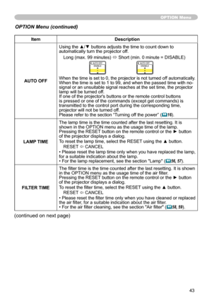 Page 43
43

ItemDescription
AUTO OFF
Using the ▲/▼ buttons adjusts the time to count down to automatically turn the projector off.
Long (max. 99 minutes) ó Short (min. 0 minute = DISABLE)
AUTO OFFENABLE
AUTO OFFDISABLE0
When the time is set to 0, the projector is not turned off automatically.When the time is set to   to 99, and when the passed time with no-signal or an unsuitable signal reaches at the set time, the projector lamp will be turned off. If one of the projector's buttons or the remote...