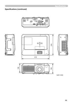 Page 69
69

Specifications
Specifications (continued)
4 8
3 9

54

39
[unit: mm] 