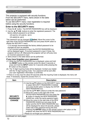 Page 7272
SECURITY menu
ItemDescription
SECURITY 
PASSWORD  CHANGE
(1)   Use the ▲/▼ buttons on the SECURITY menu 
to select SECURITY PASSWORD CHANGE 
and press the ► button to display the ENTER 
NEW PASSWORD box.
(2)   Use the ▲/▼/◄/► buttons to enter the new password.
(3)   Move the cursor to the right side of the 
ENTER NEW PASSWORD box and press the 
► button to display the NEW PASSWORD 
AGAIN box, enter the same password again. 
(4)  
Move the cursor to the right side of the NEW 
PASSWORD AGAIN box and...