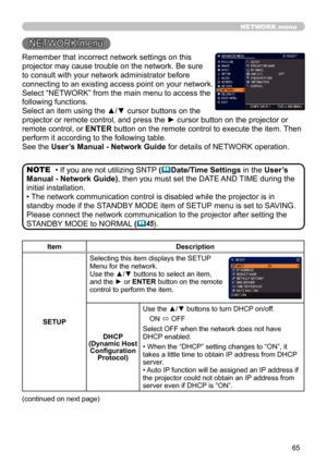 Page 6565
NETWORK menu
Remember that incorrect network settings on this 
projector may cause trouble on the network. Be sure 
to consult with your network administrator before 
connecting to an existing access point on your network.
Select “NETWORK” from the main menu to access the 
following functions. 
Select an item using the ▲/▼ cursor buttons on the 
projector or remote control, and press the ► cursor button on the projector or 
remote control, or ENTER button on the remote control to execute the item....