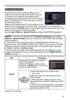 Page 6767
NETWORK menu
Remember that incorrect network settings on this 
projector may cause trouble on the network. Be sure 
to consult with your network administrator before 
connecting to an existing access point on your network.
Select “NETWORK” from the main menu to access 
the following functions. 
Select an item using the ▲/▼ cursor buttons on the 
projector or remote control, and press the ► cursor button on the projector or 
remote control, or ENTER button on the remote control to execute the item....