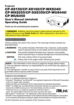 Page 11
Projector
CP-X8150/CP-X8160/CP-WX8240/ 
CP-WX8255/CP-SX8350/CP-WU8440/
CP-WU8450
User's Manual (detailed)   
Operating Guide
Thank you for purchasing this projector.
►Before using this product, please read all manuals for this 
product. Be sure to read Safety Guide first. After reading them, store them in a 
safe place for future reference. WARNING
• The information in this manual is subject to change without notice.
• The manufacturer assumes no responsibility for any errors that may appear in...