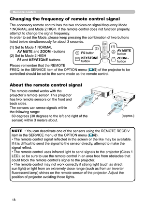 Page 1818
30°3m30°
30°30°3m
(approx.)
About the remote control signal
The remote control works with the 
projector’s remote sensor. This projector 
has two remote sensors on the front and 
back sides.
The sensors can sense signals within 
the following range:
60 degrees (30 degrees to the left and right of the 
sensor) within 3 meters about.
• You can deactivate one of the sensors using the REMOTE RECEIV. 
item in the SERVICE menu of the OPTION menu (
69) .
• The remote control signal reflected in the screen...